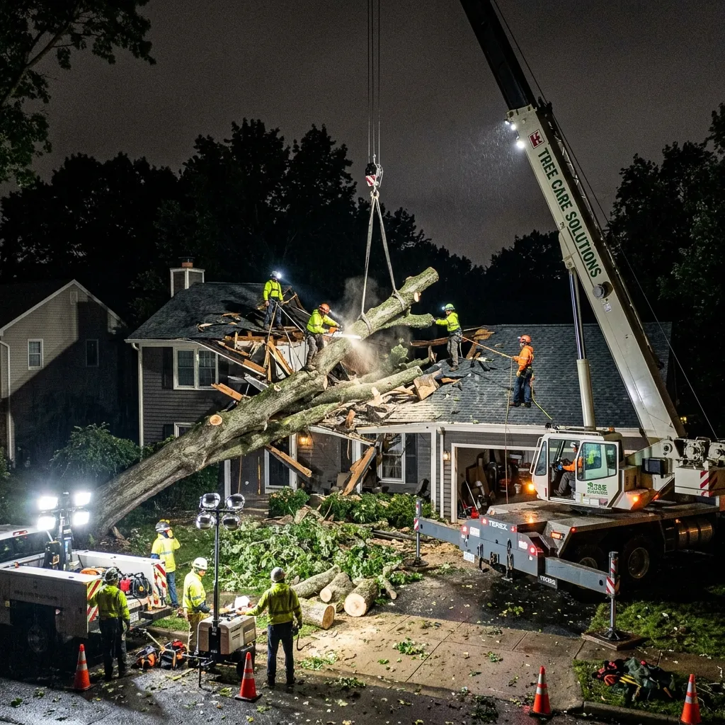 Emergency storm cleanup of fallen tree at night